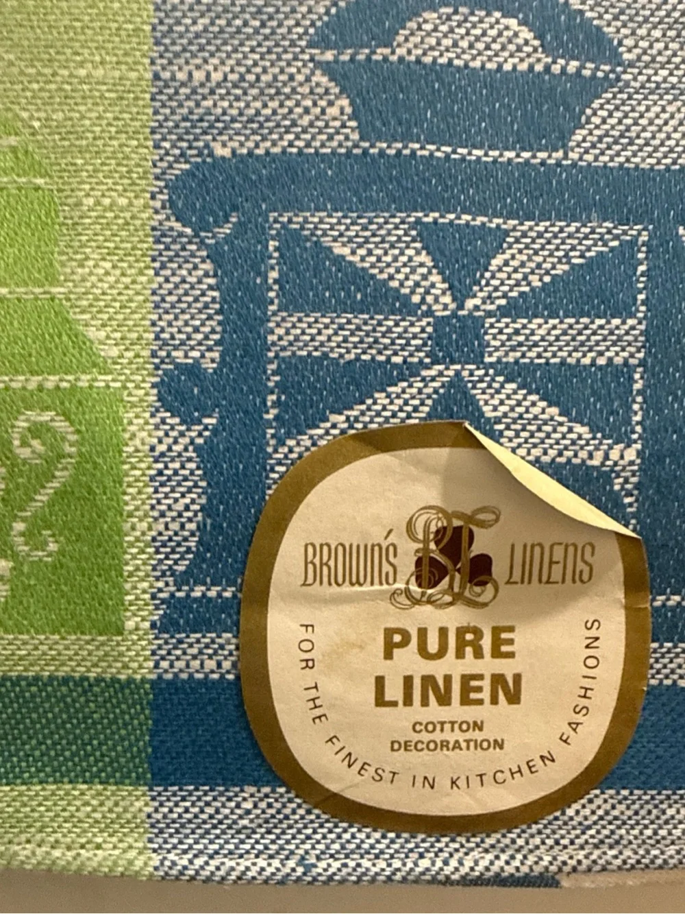 NOS Linen Tea towel MCM RetroPure Linen Blue & Green Decorative Tea Towel by